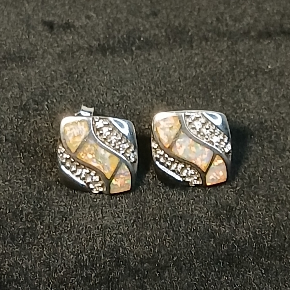 Sterling Silver Opal Square Stud Earrings